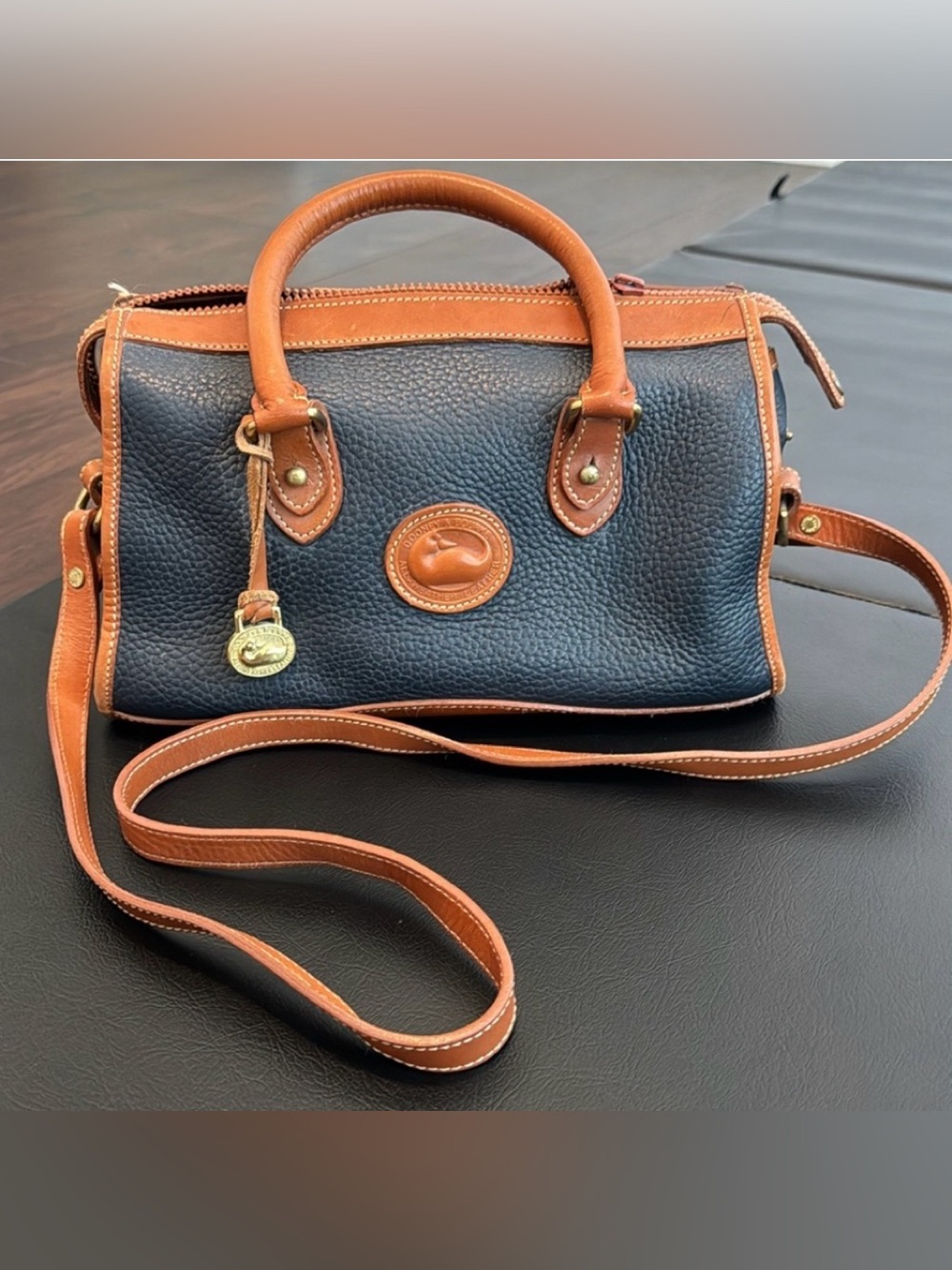 VINTAGE DOONEY & BOURKE SATCHEL BAG LEATHER NAVY BROWN TAG TOP ZIP PEBBLED
